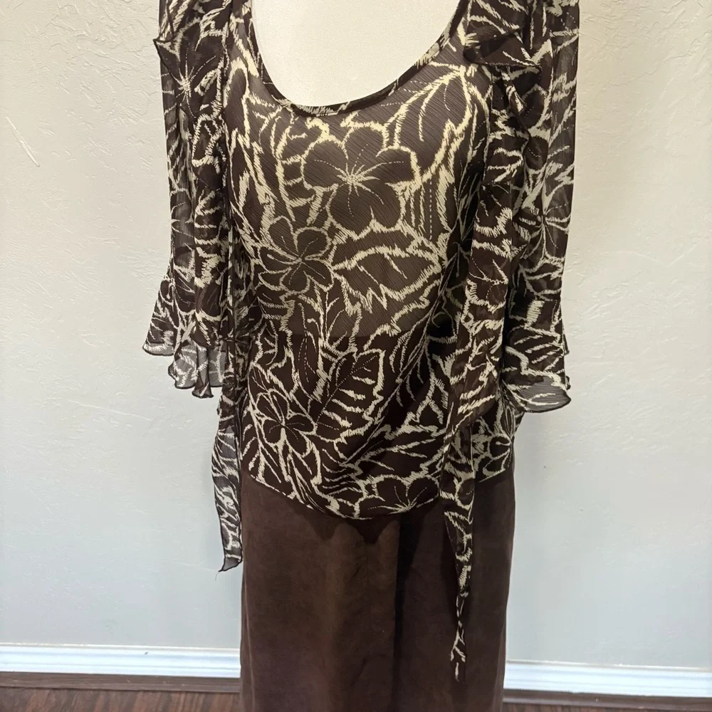 NWT 90s Sheer Floral Ruffle Tie Blouse Brown Beige | Versailles PM - Picture 5 of 12